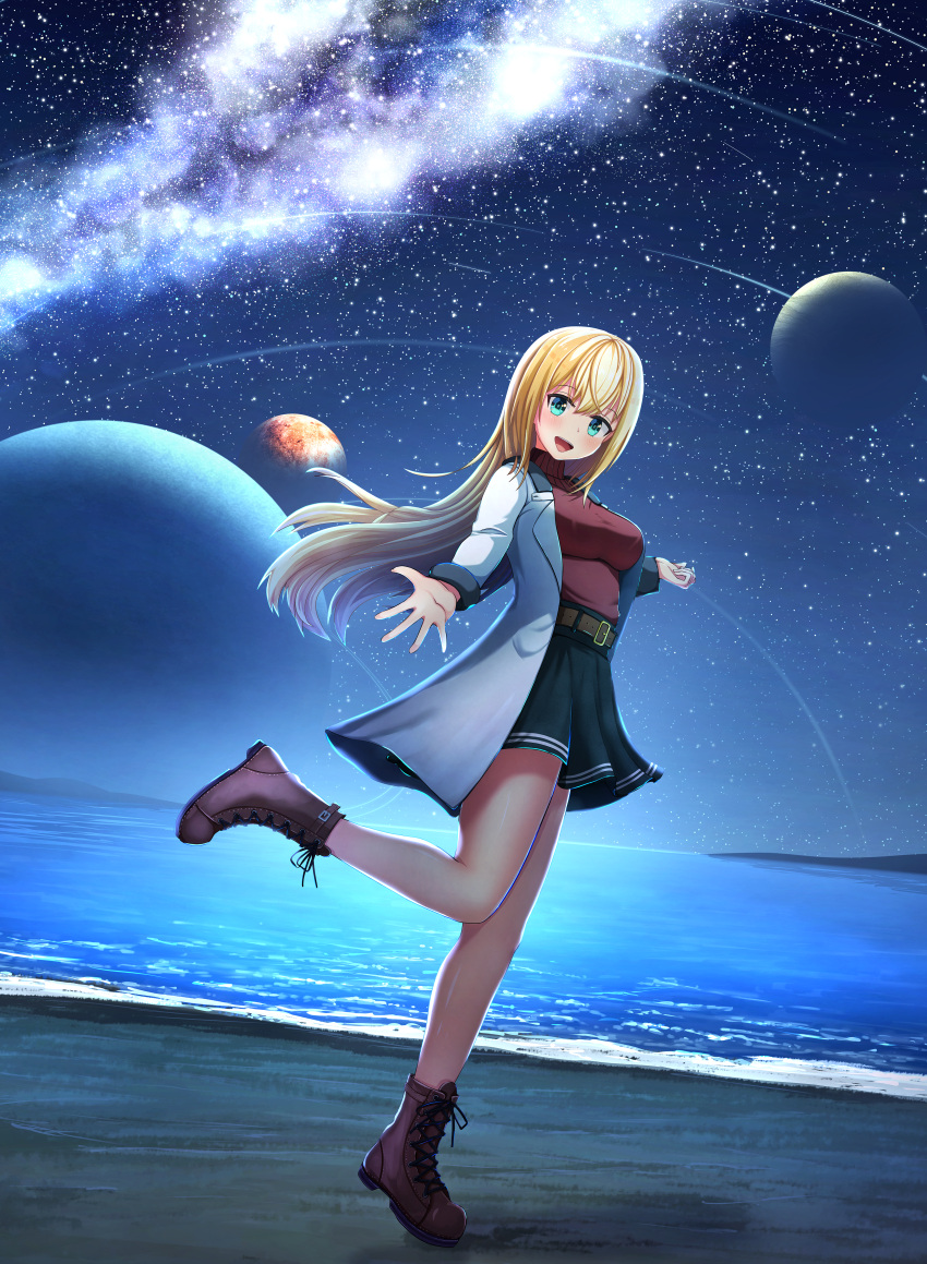 1girl absurdres beach blonde_hair blue_eyes blush boots breasts coat highres large_breasts looking_at_viewer night night_sky ocean open_mouth original planet sand scenery skirt sky smile solo standing star_(sky) starry_sky thighs yusuhara
