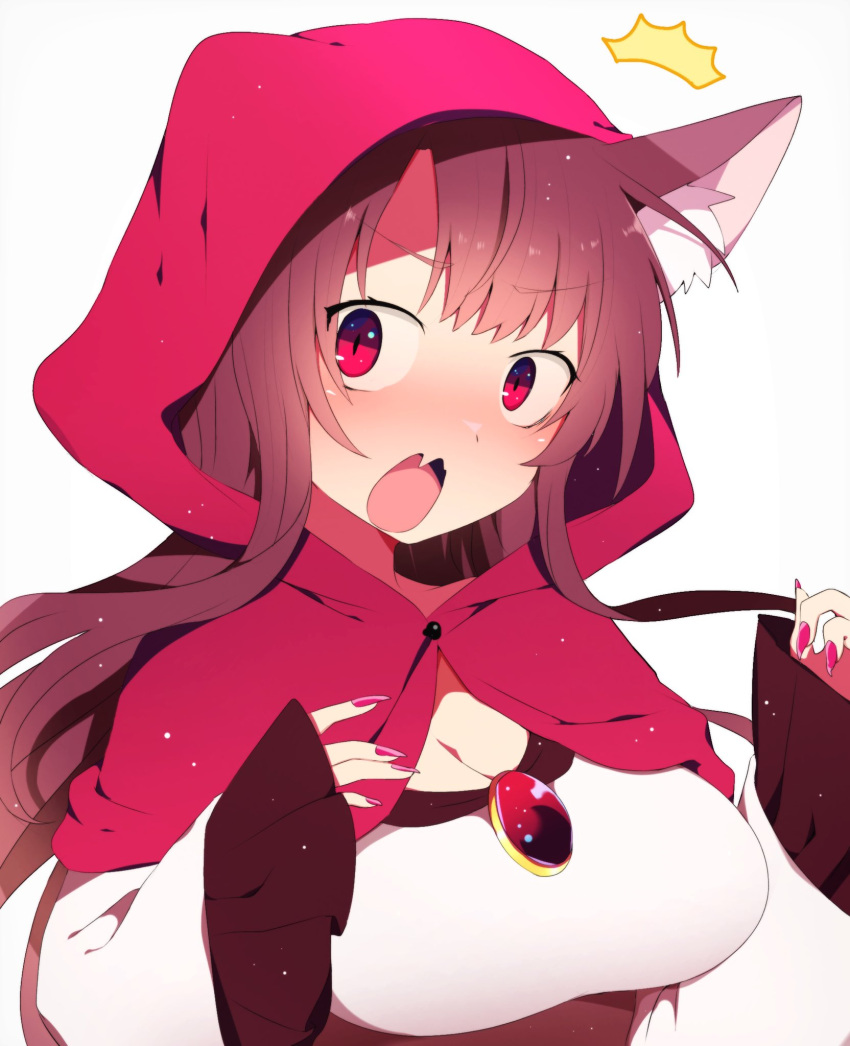 1girl ^^^ animal_ears bangs breasts brown_hair dress eyebrows_visible_through_hair eyes_visible_through_hair fang fingernails frills gem hands_up highres hood imaizumi_kagerou jewelry large_breasts long_fingernails long_hair long_sleeves looking_to_the_side open_mouth parody pink_nails red_eyes red_riding_hood_(sinoalice) simple_background solo tongue touhou upper_body white_background white_dress white_sleeves wide_sleeves wolf_ears you_(noanoamoemoe)