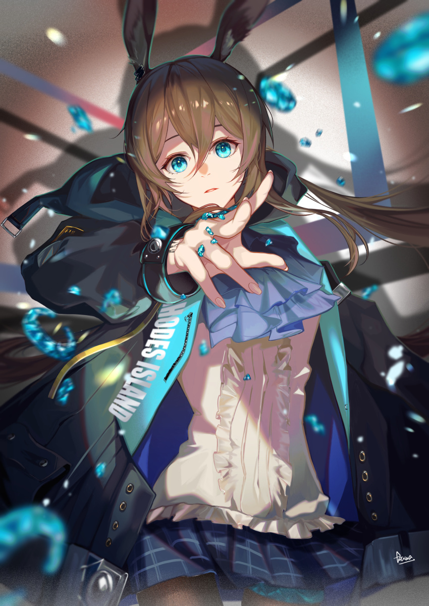 1girl absurdres amiya_(arknights) animal_ear_fluff animal_ears arknights ascot bangs black_coat blue_ascot blue_eyes blue_skirt broken_ring brown_hair brown_legwear center_frills clothes_writing coat cowboy_shot eyebrows_behind_hair frilled_shirt frills hair_between_eyes highres kawausoman long_hair long_sleeves looking_at_viewer miniskirt motion_blur open_clothes open_coat outstretched_arm pantyhose parted_lips plaid plaid_skirt pleated_skirt ponytail rabbit_ears shirt signature skirt solo thighlet white_shirt