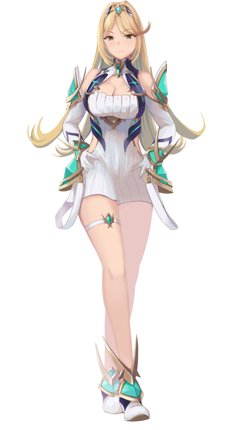 1girl absurdres armor bangs blonde_hair breasts cleavage_cutout clothing_cutout dress elbow_gloves eyebrows_visible_through_hair frown gem gloves highres jewelry large_breasts long_hair mythra_(xenoblade) parted_bangs sail_(sail-away) short_dress shoulder_armor standing thigh_strap tiara white_background white_dress white_gloves xenoblade_chronicles_(series) xenoblade_chronicles_2 yellow_eyes
