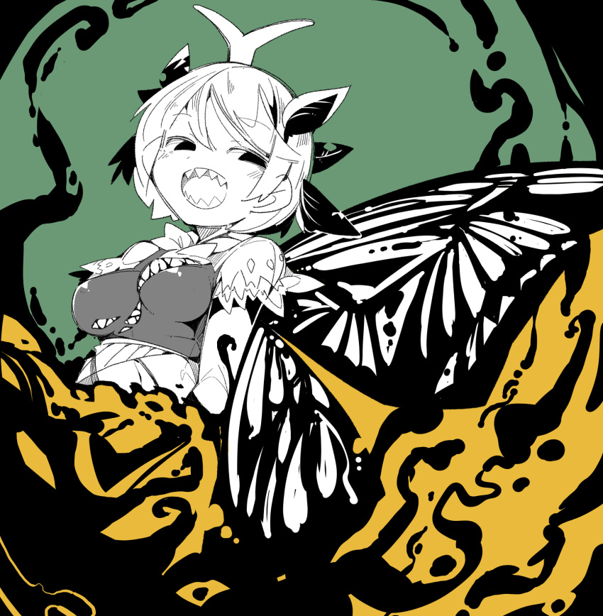 1girl antennae blush butterfly_wings dress eternity_larva eyebrows_visible_through_hair fairy green_background hair_between_eyes highres leaf leaf_on_head massakasama multicolored_clothes multicolored_dress open_mouth sharp_teeth short_hair short_sleeves smile solo spot_color teeth touhou wings