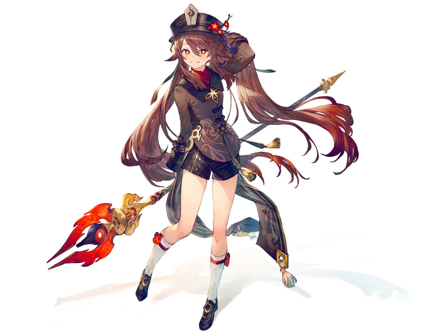 1girl arm_up benitama black_headwear black_shorts brown_hair chinese_clothes commentary flower full_body genshin_impact hand_in_hair hat hat_flower highres holding holding_weapon hu_tao_(genshin_impact) long_hair long_sleeves looking_at_viewer multicolored_hair polearm red_eyes redhead shorts simple_background smile solo staff_of_homa_(genshin_impact) standing symbol-shaped_pupils tailcoat top_hat twintails two-tone_hair weapon white_background
