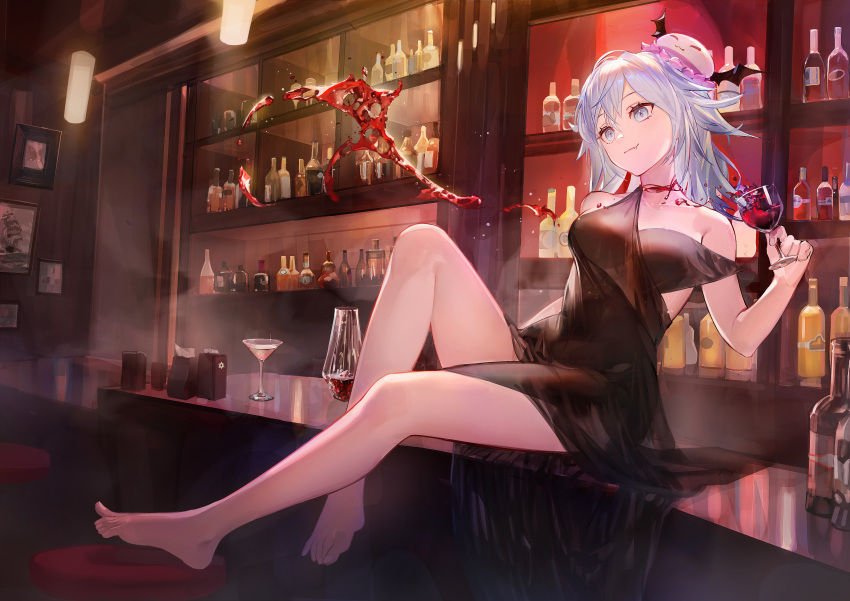 1girl absurdres bangs bar bare_arms bare_legs bare_shoulders barefoot black_dress blue_eyes blue_hair bottle breasts closed_mouth counter cup dress drinking_glass fang fang_out full_body haiyi highres holding holding_cup indoors jellyfish_hair_ornament legs leiq_lei-shi_xian_gao_zha long_hair looking_away medium_breasts sitting smile solo strap_slip synthesizer_v