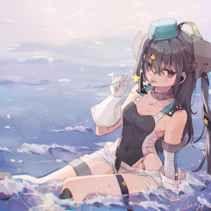 1girl aqua_headwear black_ribbon black_swimsuit breasts candy collarbone competition_swimsuit covered_navel food garrison_cap gloves grey_hair hair_ornament hair_ribbon hat highleg highleg_swimsuit highres holding holding_candy holding_food kantai_collection long_hair mochizuki_inochi one-piece_swimsuit ribbon scamp_(kancolle) short_shorts shorts side_ponytail sitting small_breasts solo star_(symbol) star_hair_ornament swimsuit violet_eyes white_gloves white_shorts