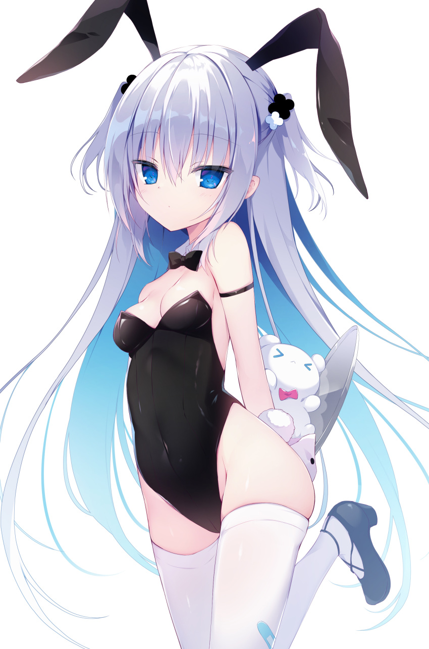 1girl absurdres aisu_mint animal_ears arm_behind_back bandaid bandaid_on_leg bare_shoulders black_footwear black_leotard black_neckwear blue_eyes bow bowtie breasts covered_navel detached_collar expressionless fake_animal_ears groin high_heels highres leg_lift leg_up leotard long_hair looking_at_viewer muku_(apupop) original playboy_bunny rabbit_ears shoes silver_hair simple_background small_breasts solo standing standing_on_one_leg strapless strapless_leotard stuffed_toy thigh-highs thighs tray two_side_up very_long_hair white_background white_legwear