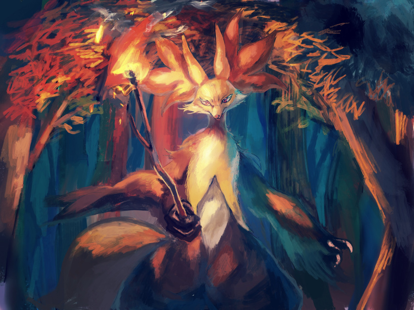 claws commentary_request delphox fire forest highres holding holding_stick looking_at_viewer nature no_humans outdoors pecohophop pokemon pokemon_(creature) solo standing stick tree