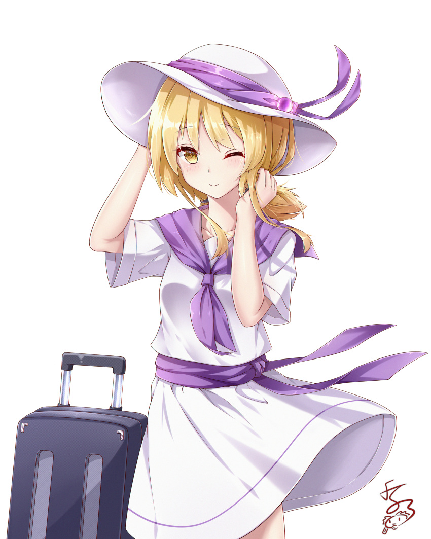 1girl absurdres blonde_hair closed_mouth commentary_request feng_ling_(fenglingwulukong) hand_in_hair hand_on_headwear hat highres louise_(touhou) low_twintails medium_hair neckerchief one_eye_closed purple_neckerchief purple_ribbon purple_sailor_collar purple_sash ribbon sailor_collar sash shirt short_sleeves simple_background smile suitcase sun_hat touhou touhou_(pc-98) twintails white_background white_headwear white_shirt yellow_eyes