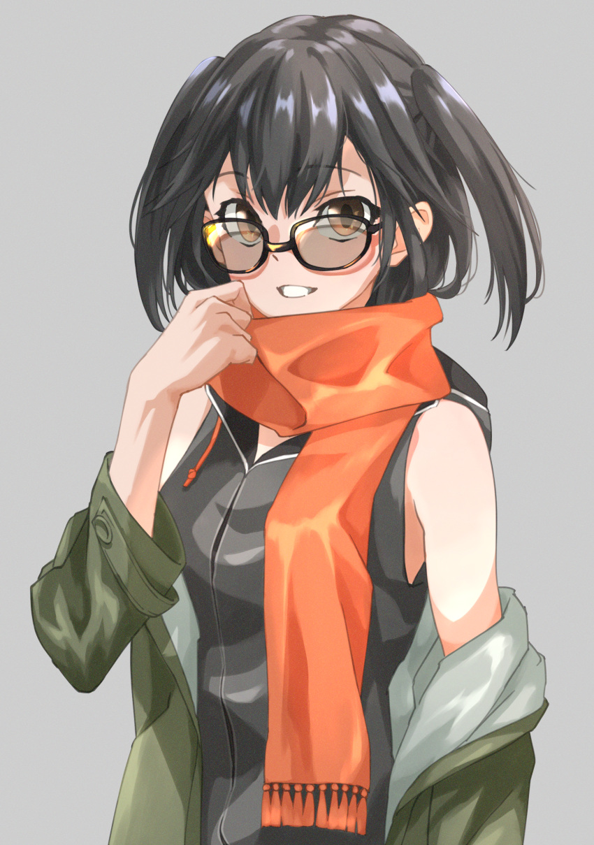 1girl absurdres bangs bare_shoulders black-framed_eyewear black_hair black_hoodie brown_eyes commentary drawstring eyebrows_visible_through_hair glasses green_jacket grey_background hair_between_eyes highres hood hood_down hoodie jacket kantai_collection looking_at_viewer off_shoulder official_alternate_costume open_clothes open_jacket orange_scarf parted_lips scarf sendai_(kancolle) short_hair short_twintails simple_background sleeveless sleeveless_hoodie smile solo sunglasses tanabe_(fueisei) twintails upper_body