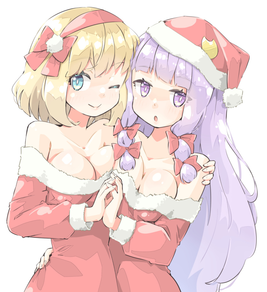 2girls alice_margatroid arm_up arnest bangs bare_shoulders blonde_hair blue_eyes blush bow breasts closed_mouth collarbone crescent crescent_hat_ornament dress eyebrows_visible_through_hair eyes_visible_through_hair hair_between_eyes hair_bow hairband hand_on_another's_shoulder hand_up hands_up hat hat_ornament highres long_hair long_sleeves looking_at_viewer looking_to_the_side medium_breasts multiple_girls off-shoulder_dress off_shoulder one_eye_closed patchouli_knowledge pom_pom_(clothes) puffy_long_sleeves puffy_sleeves purple_hair red_bow red_dress red_hairband red_headwear short_hair simple_background smile touhou violet_eyes white_background