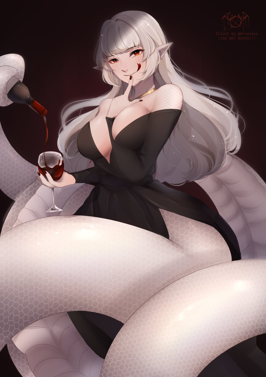 1girl arinsays bare_shoulders black_dress black_nails bottle breasts cup dress drinking_glass forked_tongue highres holding holding_cup holding_with_tail indie_virtual_youtuber lamia long_hair monster_girl nail_polish pointy_ears prehensile_tail red_eyes scales second-party_source serpentine_cici solo tail tongue tongue_out virtual_youtuber white_hair wine_bottle wine_glass