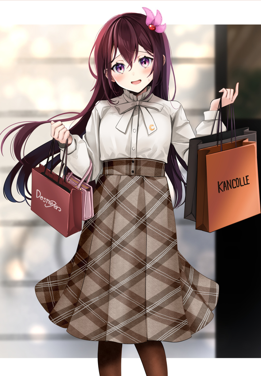 1girl absurdres alternate_costume bag blush brown_legwear brown_skirt buttons crescent crescent_pin eyebrows_visible_through_hair feet_out_of_frame hair_between_eyes hair_ornament handbag highres holding holding_bag kantai_collection kisaragi_(kancolle) long_hair long_sleeves looking_at_viewer open_mouth pantyhose pleated_skirt purple_hair reward_available shirt shopping_bag skirt solo violet_eyes white_shirt yunamaro