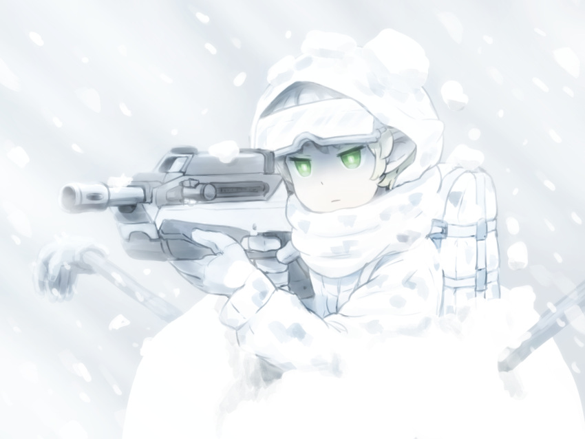 1girl backpack bag camouflage closed_mouth commentary_request gloves green_eyes green_hair grey_gloves gun holding holding_gun holding_weapon hood hood_up hooded_jacket jacket long_sleeves mizuhashi_parsee pole scarf shirosato snow snow_on_head snowing snowstorm solo touhou weapon weapon_request white_gloves white_jacket white_scarf