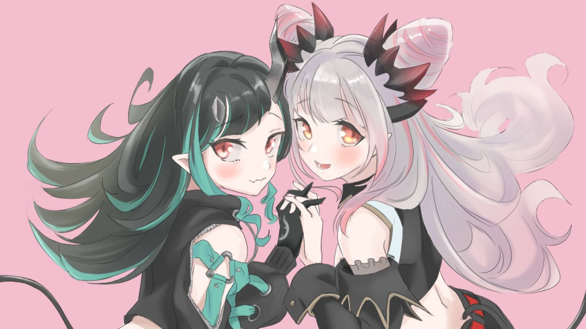 2girls bangs belt black_gloves black_hair black_jacket black_skirt black_sleeves black_vest blue_hair blush clothing_cutout commentary_request cropped_jacket cropped_vest cross-laced_sleeves demon_girl demon_horns demon_tail detached_sleeves eyebrows_visible_through_hair fang flat_chest gin_(tttetu123) gloves gradient_hair grey_hair hair_cones honey_strap horns interlocked_fingers jacket long_hair long_sleeves multicolored_hair multiple_girls open_clothes open_jacket open_mouth open_vest pink_background pink_hair pointy_ears red_belt red_eyes shishio_chris shoulder_cutout simple_background skirt smile sugar_lyric suou_patra tail two-tone_hair upper_body vest virtual_youtuber