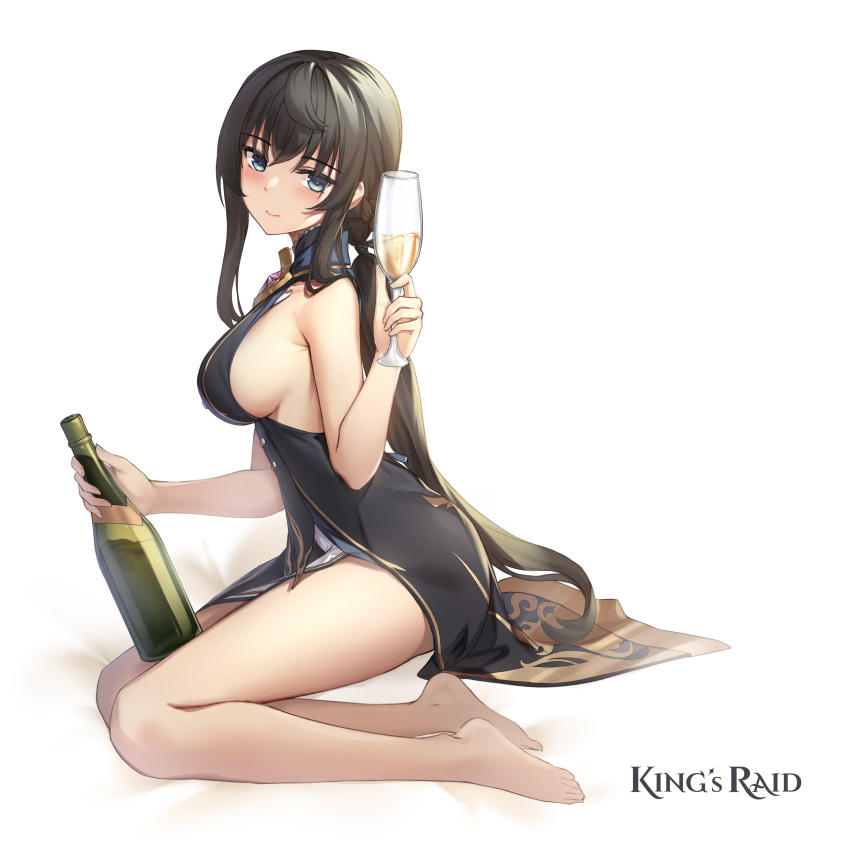 1girl absurdres alcohol bangs bare_legs barefoot bed_sheet black_dress black_hair blue_eyes blue_ribbon blush bottle breasts champagne_flute copyright_name cup dress drinking_glass from_side full_body halterneck highres hilda_(king's_raid) holding holding_bottle holding_cup king's_raid large_breasts long_hair looking_at_viewer looking_to_the_side low_ponytail milyu neck_ribbon ponytail ribbon side_slit sideboob sidelocks simple_background sitting sleeveless sleeveless_dress smile solo very_long_hair white_background wine wine_bottle