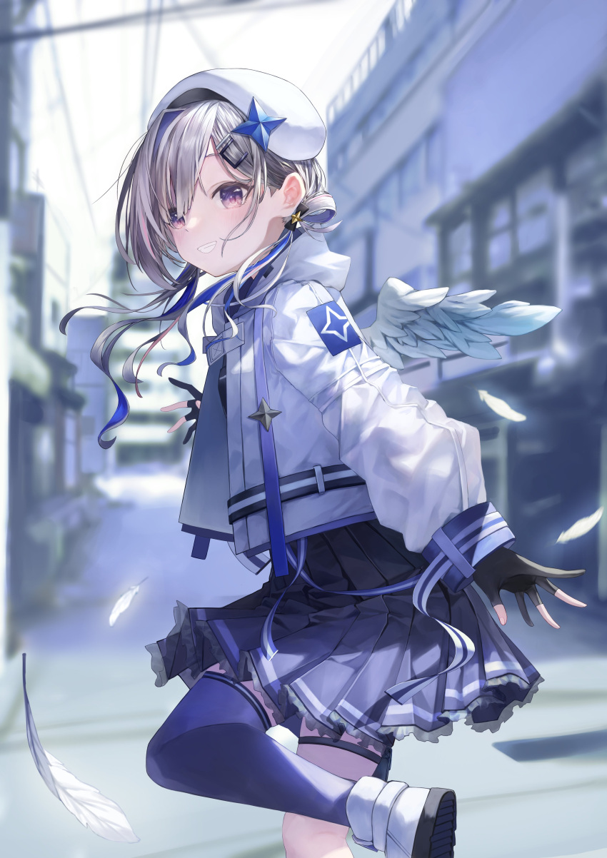 1girl absurdres amane_kanata angel angel_wings asymmetrical_bangs asymmetrical_hair asymmetrical_legwear bangs blue_hair blue_wings colored_inner_hair cropped_jacket feathered_wings feathers frilled_skirt frills fudepenbrushpen gloves gradient gradient_wings hair_ornament hair_over_one_eye hair_rings hairclip highres hololive long_hair long_sleeves low_twintails mini_wings mismatched_legwear multicolored_hair multicolored_wings partially_fingerless_gloves pink_hair shoes short_hair silver_hair single_hair_intake single_thighhigh skirt sleeves_past_wrists sneakers solo streaked_hair thigh-highs twintails uneven_legwear violet_eyes virtual_youtuber white_wings wings