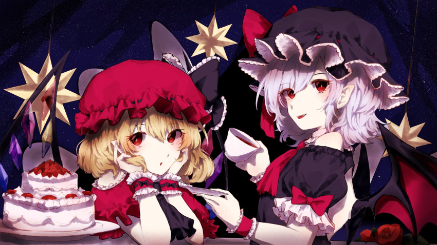 2girls :o alternate_color alternate_costume ascot bangs bare_shoulders bat_wings black_ascot black_bow black_headwear blush bow cake commentary_request crystal cup dress dress_bow fangs flandre_scarlet flower food frilled_bow frilled_sleeves frills fruit hat hat_bow highres holding holding_cup light_purple_hair looking_at_viewer mob_cap multiple_girls off-shoulder_dress off_shoulder open_mouth pointy_ears puffy_short_sleeves puffy_sleeves red_ascot red_bow red_eyes red_flower red_headwear red_ribbon red_rose remilia_scarlet ribbon rose saucer short_sleeves siblings sisters sitting somei_ooo strawberry tea teacup teeth touhou upper_body upper_teeth whipped_cream wings wrist_cuffs yellow_eyes