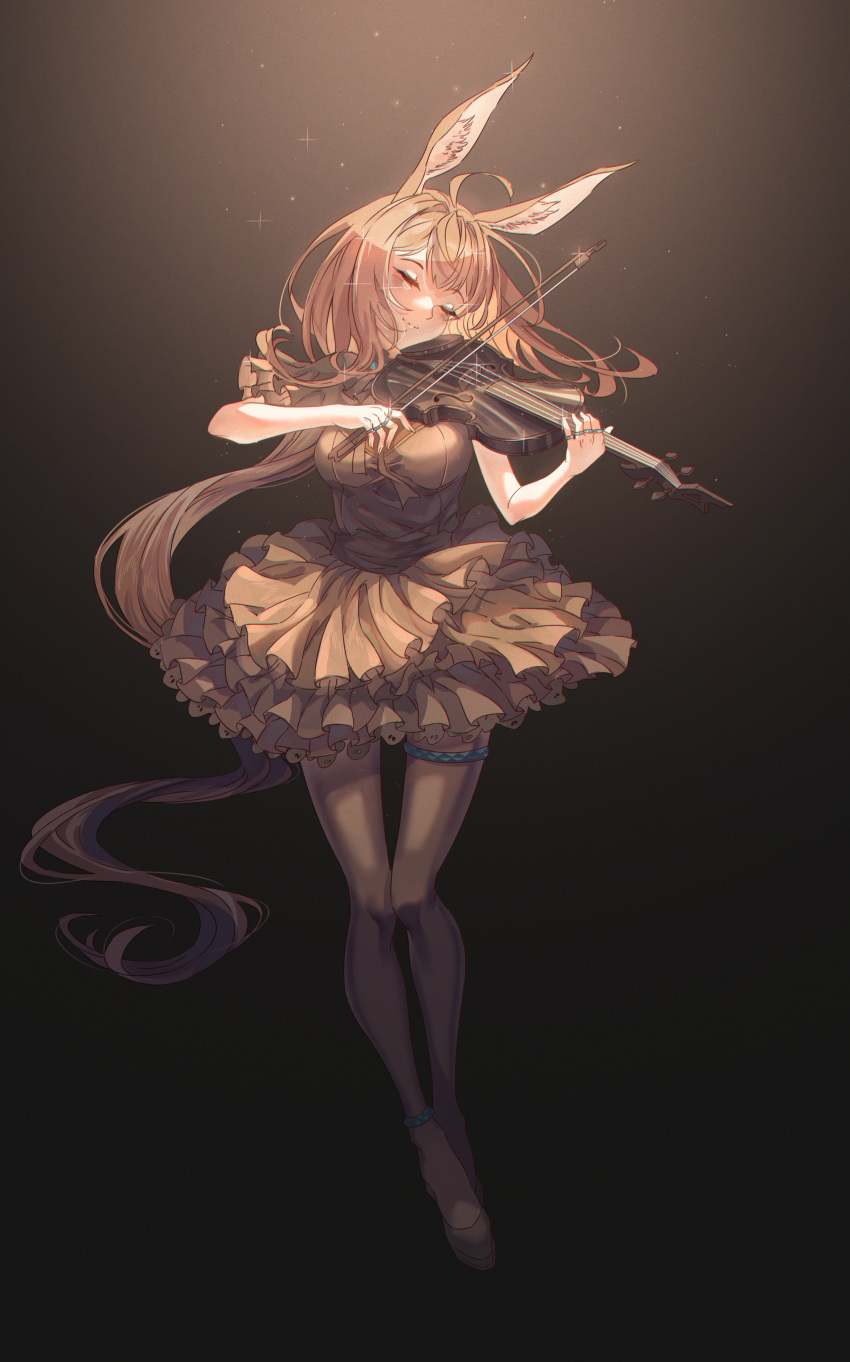 1girl absurdres ahoge amiya_(arknights) animal_ear_fluff animal_ears anklet arknights black_dress blush breasts brown_hair brown_legwear closed_mouth dress frilled_dress frills full_body head_tilt highres instrument jewelry layered_dress long_hair low_ponytail medium_breasts multiple_rings music official_alternate_costume pantyhose playing_instrument rabbit_ears ring short_sleeves smile solo sparkle thighlet very_long_hair violin yi-x-ing