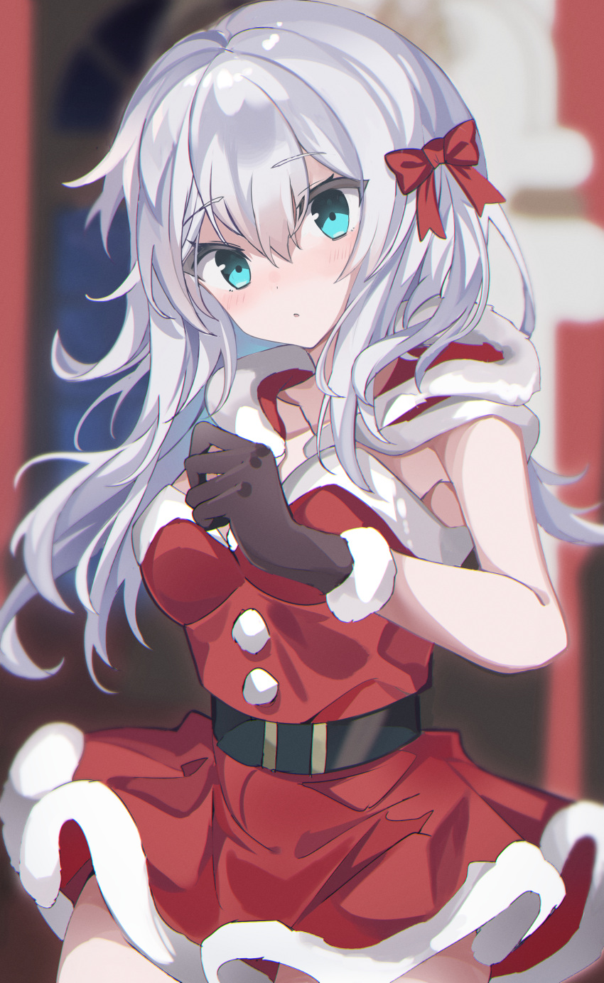 1girl absurdres belt belt_buckle black_belt black_gloves blue_eyes bow buckle capelet christmas commentary dress fathom fur-trimmed_capelet fur-trimmed_dress fur-trimmed_gloves fur_trim gloves hair_ribbon hibiki_(kancolle) highres kantai_collection looking_at_viewer red_bow red_capelet red_dress red_ribbon ribbon santa_costume santa_dress silver_hair solo white_hair