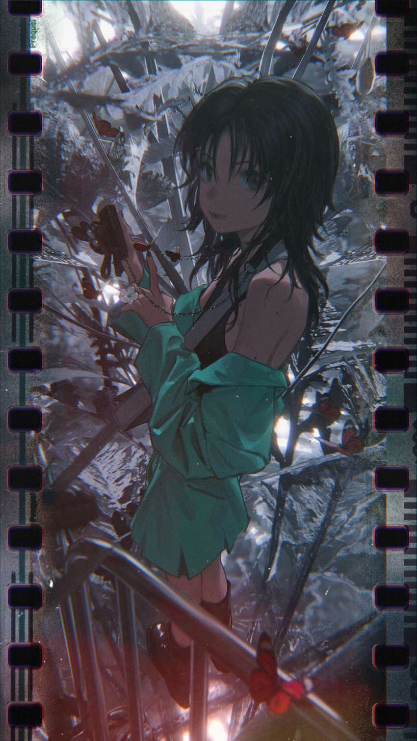 1girl absurdres aqua_jacket black_footwear black_hair boots brown_eyes bug butterfly full_body highres jacket jewelry long_hair looking_at_viewer necklace original solo standing wang-xi