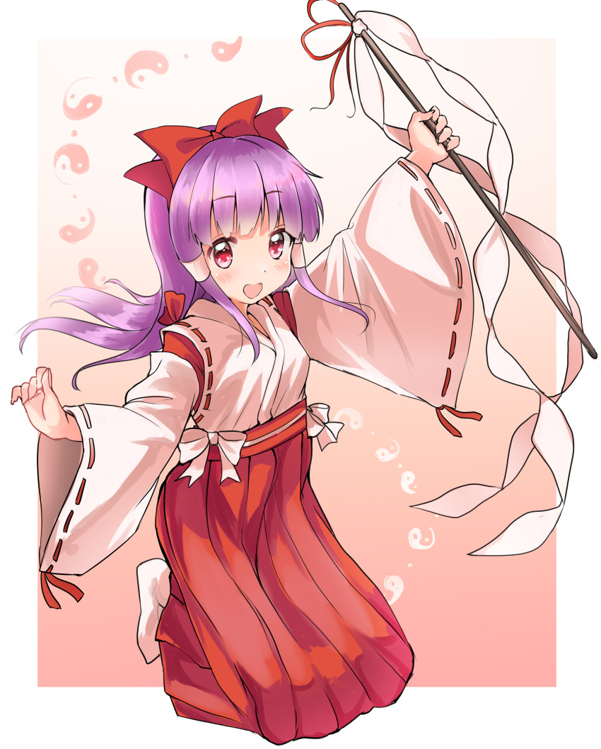 absurdres bangs bow detached_sleeves eyebrows_visible_through_hair gohei hair_bow hair_tubes hakama hakama_skirt hakurei_reimu hakurei_reimu_(pc-98) happy highres japanese_clothes kimono long_hair miko no_shoes open_mouth purple_hair red_bow red_eyes red_hakama red_skirt ribbon-trimmed_sleeves ribbon_trim sidelocks skirt socks takepoison touhou touhou_(pc-98) white_bow white_kimono white_legwear wide_sleeves