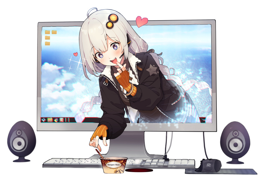 1girl absurdres ahoge black_coat black_dress blue_eyes braid brand_name_imitation cable clouds cloudy_sky coat commentary_request desktop dress drooling elbow_gloves finger_to_mouth fingerless_gloves food gloves haagen-dazs hair_ornament heart highres ice_cream ice_cream_cup ice_cream_spoon keyboard_(computer) kizuna_akari leaning_forward lid light_blush long_hair looking_down monitor mouse_(computer) mousepad_(object) mouth_drool open_mouth orange_gloves shirinda_fureiru silver_hair sky smile sparkle sparkling_eyes speaker spoon star_(symbol) star_print through_screen twin_braids upper_body vocaloid voiceroid white_background wristband