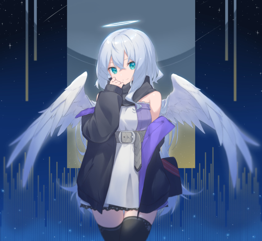 1girl bangs bare_shoulders belt belt_buckle black_jacket black_legwear breasts buckle closed_mouth dress eyebrows_behind_hair feathered_wings fhang green_eyes grey_belt grey_hair hair_between_eyes halo hand_up jacket long_hair off_shoulder open_clothes open_jacket original small_breasts smile solo thigh-highs white_dress white_wings wings