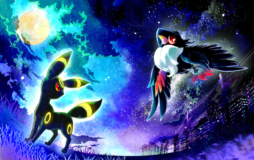 bird bright_pupils building clouds commentary_request from_below glowing glowing_eyes grass highres honchkrow moon night no_humans outdoors pokemon pokemon_(creature) power_lines red_eyes sky standing star_(sky) umbreon utility_pole white_pupils yyy9696yyy