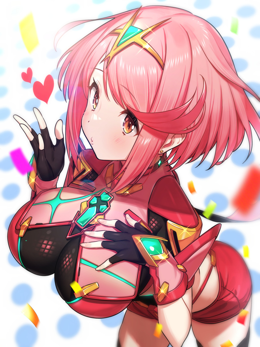 1girl absurdres bangs black_gloves black_legwear blush breasts chest_jewel earrings fingerless_gloves gloves green322 heart highres jewelry large_breasts looking_at_viewer puckered_lips pyra_(xenoblade) red_eyes red_shorts redhead short_hair short_shorts shorts solo swept_bangs thigh-highs tiara xenoblade_chronicles_(series) xenoblade_chronicles_2