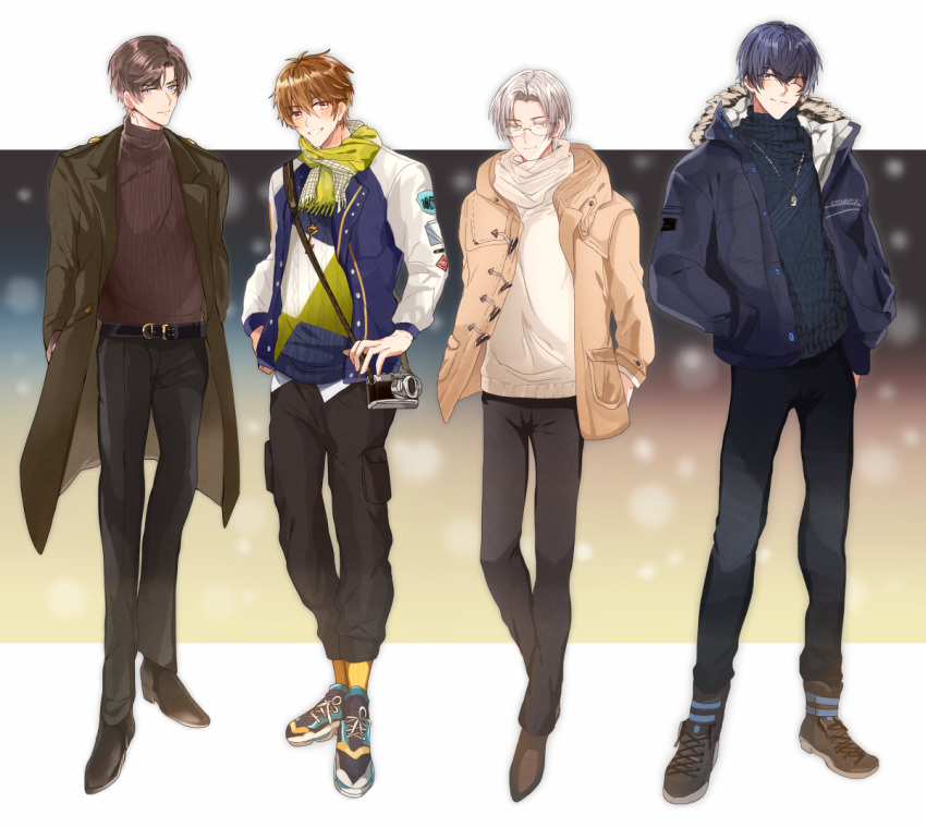 4boys artem_wing_(tears_of_themis) bangs belt belt_buckle blue_eyes blue_shirt brown_coat brown_eyes brown_footwear brown_hair brown_jacket brown_pants brown_shirt buckle camera closed_mouth coat dog_tags full_body grin h_haluhalu415 hand_in_pocket jacket letterman_jacket long_sleeves looking_at_viewer luke_pearce_(tears_of_themis) marius_von_hagen_(tears_of_themis) multiple_boys open_mouth pants purple_hair purple_jacket scarf shirt shoes short_hair smile sneakers standing tears_of_themis teeth turtleneck violet_eyes vyn_richter_(tears_of_themis) white_hair white_scarf winter_clothes yellow_eyes yellow_legwear yellow_scarf