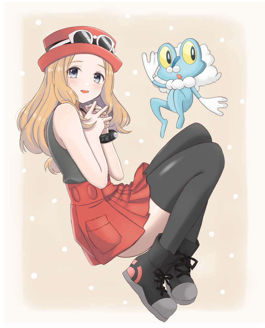 1girl absurdres black_footwear black_legwear black_shirt blonde_hair bracelet commentary_request eyewear_on_headwear froakie hands_up hat highres jewelry long_hair nasakixoc own_hands_together pleated_skirt pokemon pokemon_(creature) pokemon_(game) pokemon_xy red_headwear red_skirt serena_(pokemon) shirt shoes sidelocks skirt sleeveless sleeveless_shirt sunglasses thigh-highs