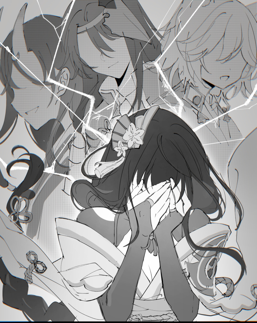 4girls animal_ears bangs braid bridal_gauntlets broken_glass chiyo_(genshin_impact) closed_mouth commentary_request covering covering_eyes faceless faceless_female fox_ears fox_girl genshin_impact glass greyscale highres horns japanese_clothes kitsune_saiguu long_hair mask monochrome multiple_girls parted_lips raiden_shogun sasayuri_(genshin_impact) shemika98425261 short_hair single_braid single_horn tengu_mask very_long_hair