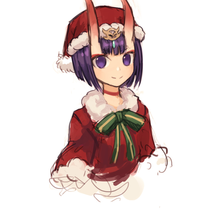 1girl bangs choker commentary_request fate/grand_order fate_(series) fur-trimmed_headwear fur_collar fur_trim green_ribbon hat highres horns korean_commentary looking_at_viewer neck_ribbon oni_horns purple_hair red_choker ribbon santa_costume santa_hat short_hair shuten_douji_(fate) simple_background sketch skin-covered_horns smile solo sookmo split_mouth upper_body violet_eyes white_background
