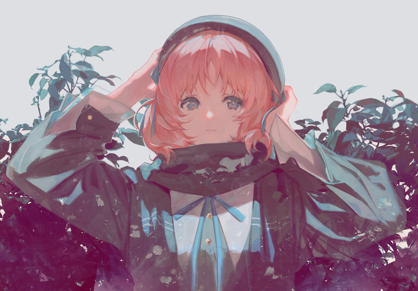 1girl absurdres bangs blue_eyes blue_neckwear blue_ribbon check_copyright closed_mouth copyright_request empty_eyes hands_on_headwear highres hood jacket long_sleeves looking_at_viewer neck_ribbon original pink_hair plant ribbon sad scarf sheya_tin solo straight-on upper_body