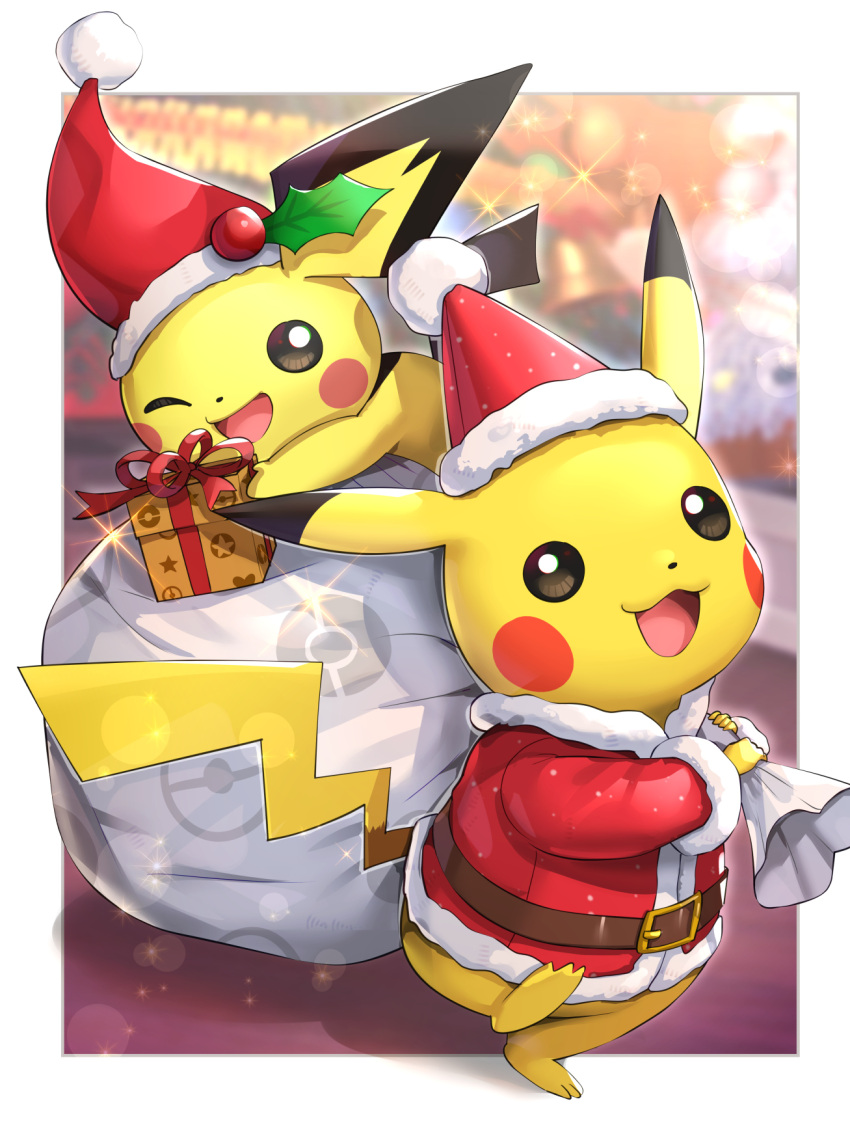 :d ;d belt border brown_belt christmas clothed_pokemon coat commentary_request gift gonzarez hat hatted_pokemon highres holding holding_gift holding_sack leg_up looking_at_viewer no_humans one_eye_closed open_mouth pichu pikachu poke_ball_print pokemon pokemon_(creature) red_coat red_headwear sack santa_hat smile sparkle standing standing_on_one_leg tongue white_border