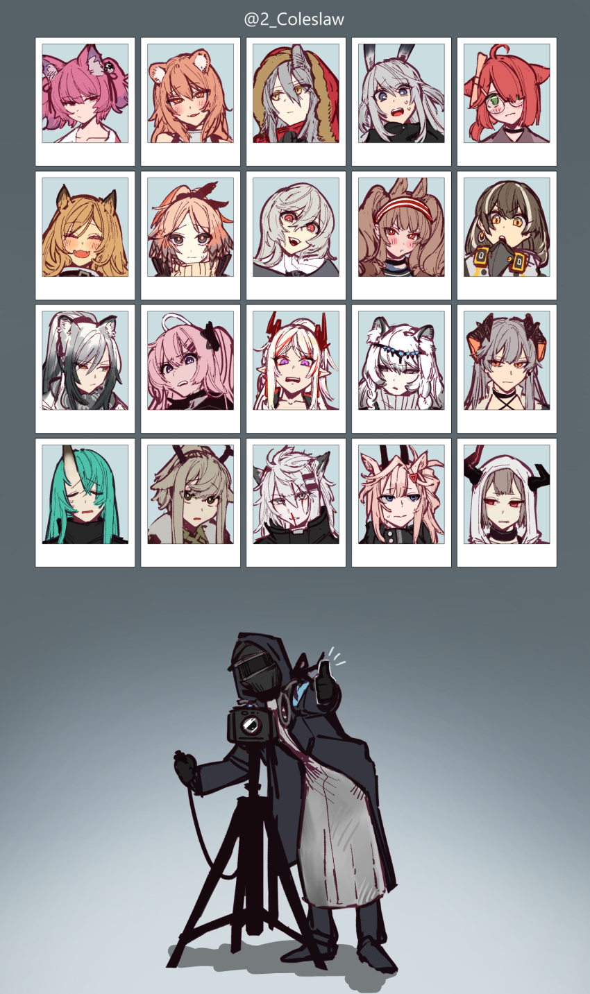 1other 6+girls :d :t absurdres ahoge ambriel_(arknights) angelina_(arknights) animal_ear_fluff antique_camera antlers arknights black_eyes black_gloves blood blue_eyes blush brown_hair ceobe_(arknights) closed_eyes closed_mouth coat covered_face doctor_(arknights) earthspirit_(arknights) embarrassed everyone fangs firewatch_(arknights) glasses gloves gravel_(arknights) green_eyes grey_hair hairband head_tilt helmet highres hood hood_up horns horns_through_headwear hoshiguma_(arknights) lappland_(arknights) looking_at_viewer looking_away magallan_(arknights) medium_hair mirin_chikuwa multicolored_hair multiple_girls myrrh_(arknights) nian_(arknights) nosebleed notice_lines open_mouth orange_eyes orange_hair parted_lips pinecone_(arknights) pink_eyes pointy_ears ponytail portrait pout pramanix_(arknights) projekt_red_(arknights) redhead round_eyewear saria_(arknights) savage_(arknights) schwarz_(arknights) shamare_(arknights) skin_fangs smile specter_(arknights) streaked_hair taking_picture thumbs_up twintails twitter_username violet_eyes vulcan_(arknights) white_hair wide-eyed yellow_eyes