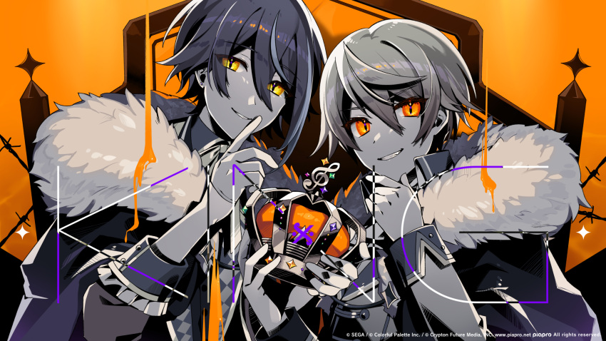 2boys bangs barbed_wire cape commentary_request crown crown_removed eyebrows_visible_through_hair fur-trimmed_cape fur_trim grin hair_between_eyes hand_up highres holding jacket kamishiro_rui king_(vocaloid) long_sleeves male_focus multicolored_hair multiple_boys nou_(nounknown) official_art orange_eyes project_sekai smile sparkle streaked_hair tenma_tsukasa upper_body watermark yellow_eyes