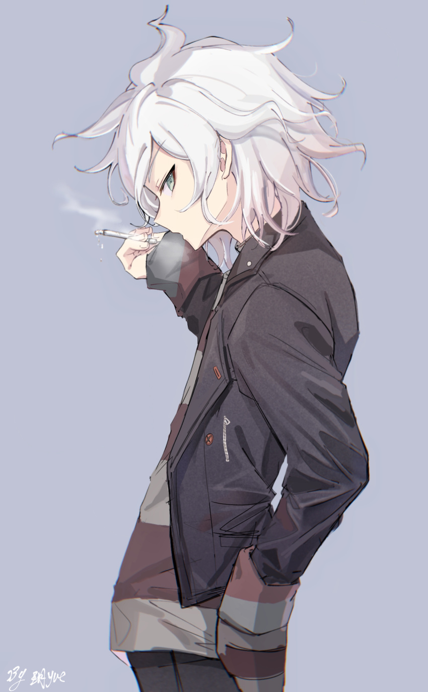 1boy bangs black_jacket black_pants blue_background cigarette commentary_request danganronpa_(series) danganronpa_2:_goodbye_despair danganronpa_another_episode:_ultra_despair_girls from_side green_eyes hand_in_pocket highres holding holding_cigarette jacket komaeda_nagito looking_at_viewer male_focus messy_hair pants parted_lips profile shemika98425261 shirt signature simple_background smoke smoking solo striped striped_shirt white_hair