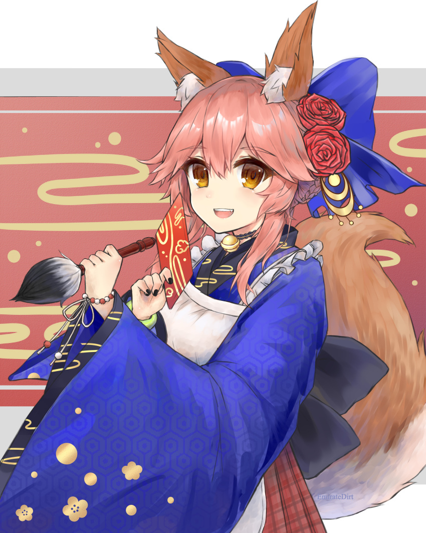1girl absurdres animal_ear_fluff animal_ears apron artist_name bangs bell black_nails blue_bow blue_kimono blue_ribbon bow bracelet brush emirate_chen'ai eyebrows_visible_through_hair fang fate/extra fate_(series) flower fox_ears fox_girl fox_tail hair_bow hair_ornament hair_ribbon highres holding holding_brush japanese_clothes jewelry kimono looking_at_viewer new_year open_mouth pink_hair red_skirt ribbon skirt solo tail tamamo_(fate) tamamo_no_mae_(fate/extra) teeth wristband yellow_eyes
