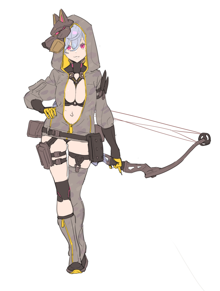 1girl :3 bikini black_bikini blue_hair bow_(weapon) breasts enkyo_yuuichirou full_body hand_on_hip highres holding holding_bow_(weapon) holding_weapon hood hood_up hoodie large_breasts looking_at_viewer mask mask_on_head navel negative_space open_clothes open_hoodie pink_eyes short_hair simple_background single_sock single_thighhigh smile socks solo standing swimsuit thigh-highs weapon white_background