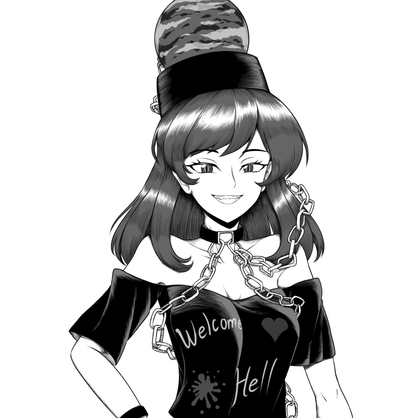 1girl bangs chain clothes_writing english_commentary eyebrows_visible_through_hair giantcavemushroom grin hand_on_hip hecatia_lapislazuli highres looking_at_viewer medium_hair monochrome off-shoulder_shirt off_shoulder polos_crown shirt short_sleeves simple_background smile solo touhou upper_body
