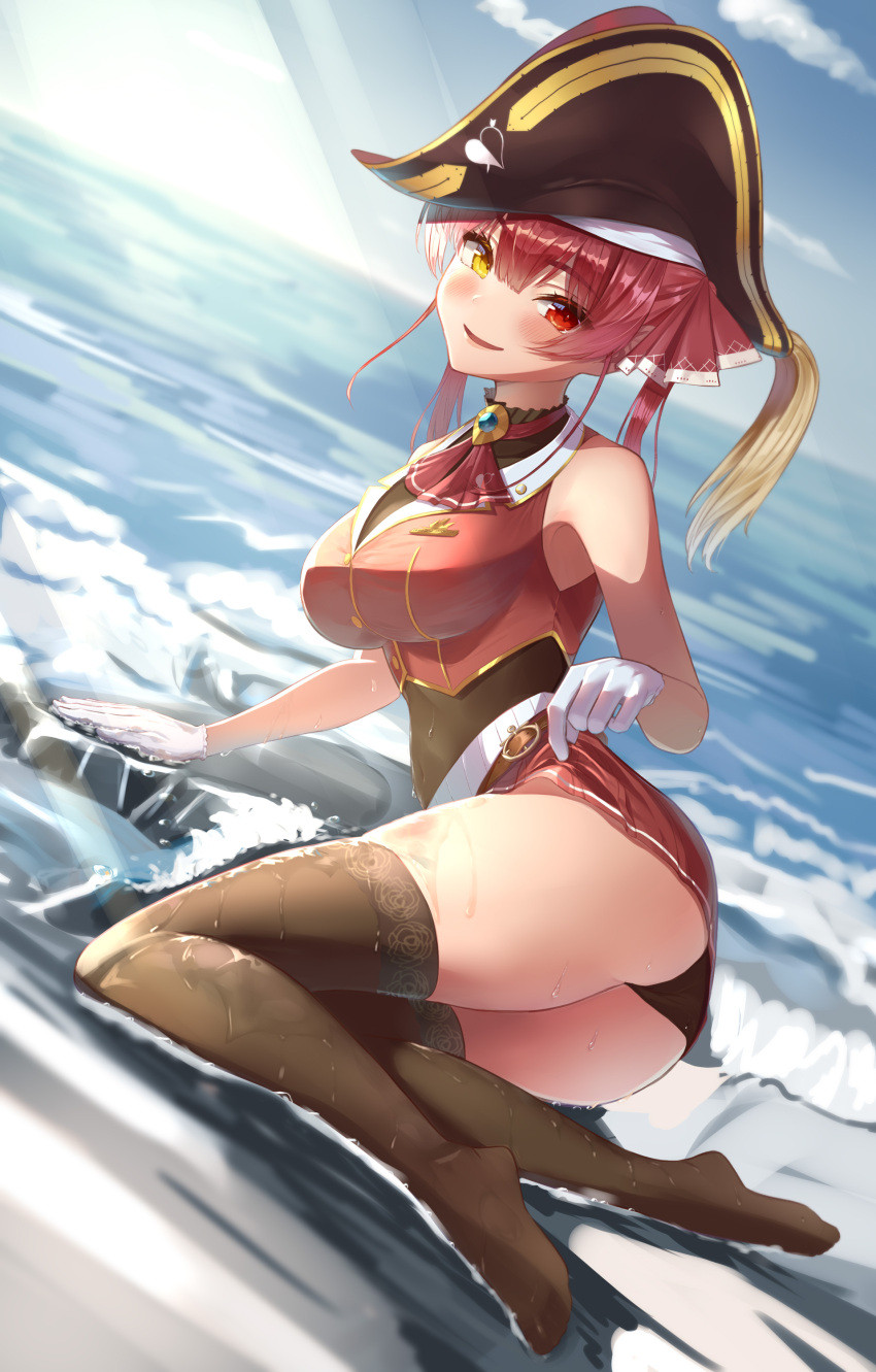 1girl absurdres ascot ass bangs beach black_legwear black_panties breasts clothes_lift covered_navel cropped_vest full_body gloves hat hat_feather heterochromia highres hololive houshou_marine large_breasts lifted_by_self long_hair looking_at_viewer miniskirt no_shoes nyaa28 on_ground panties pantyshot pirate_hat pleated_skirt red_eyes red_skirt red_vest redhead sitting skirt skirt_lift smile solo thigh-highs thighs twintails underwear vest virtual_youtuber water wet wet_clothes wet_legwear white_gloves yellow_eyes yokozuwari