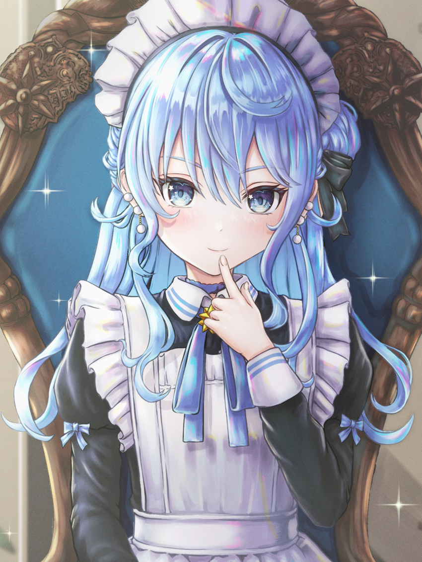 1girl apron black_dress blue_eyes blue_hair blue_ribbon blush closed_mouth dress earrings finger_to_mouth finger_to_own_chin fingernails highres hololive hoshimachi_suisei jewelry juliet_sleeves long_hair long_sleeves looking_at_viewer maid maid_apron maid_headdress neck_ribbon portrait puffy_sleeves ribbon side_bun smile solo star_(symbol) star_in_eye symbol_in_eye virtual_youtuber wajuniorbox white_apron