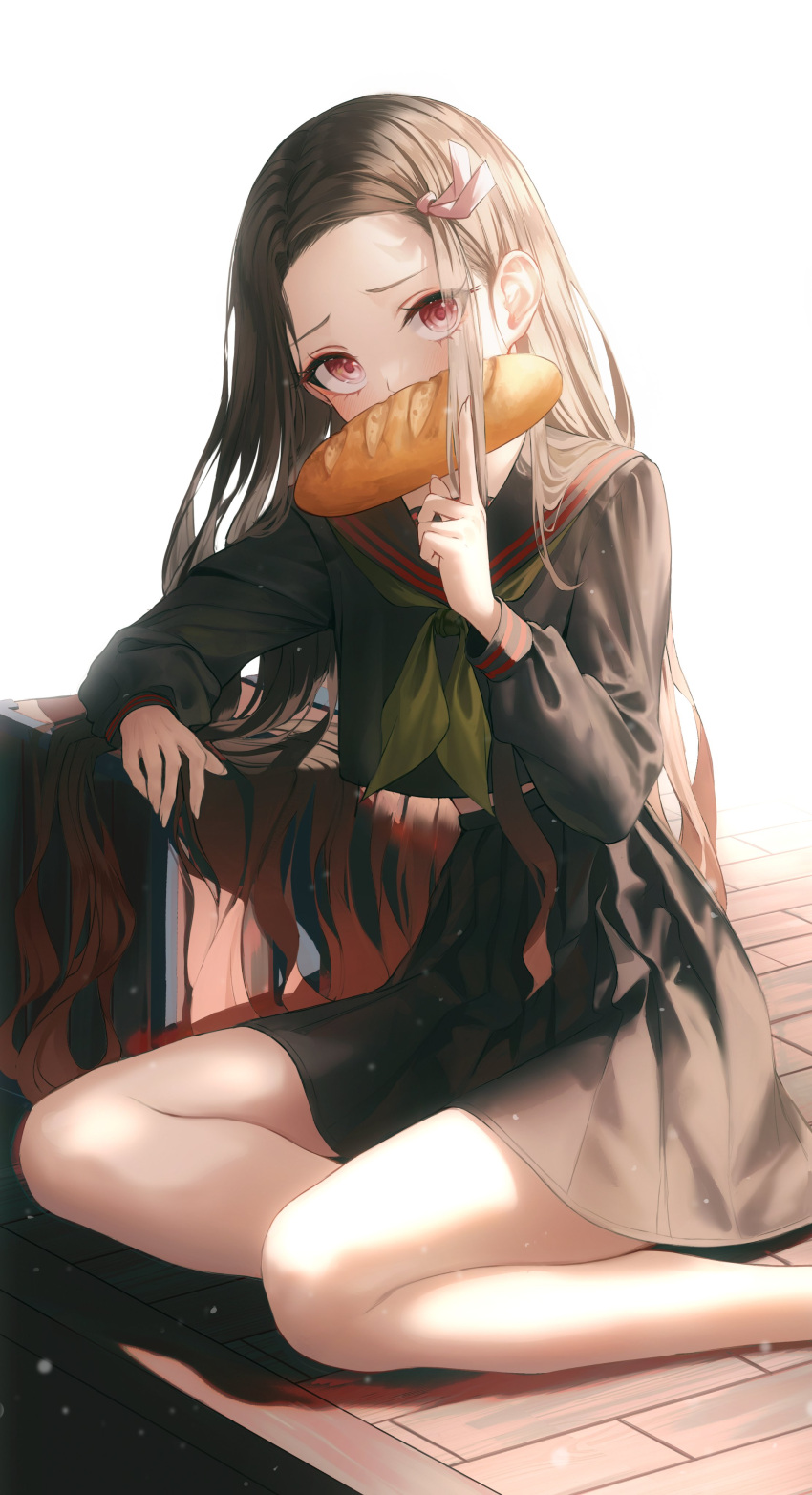 1girl absurdres black_blouse black_hair black_sailor_collar black_serafuku black_skirt blouse blush bread brown_hair colored_tips covered_mouth food forehead green_neckerchief highres index_finger_raised kamado_nezuko kerno kimetsu_no_yaiba long_hair long_sleeves looking_at_viewer mouth_hold multicolored_hair neckerchief on_floor pink_eyes pleated_skirt sailor_collar school_uniform serafuku sidelocks sitting skirt solo very_long_hair white_background yokozuwari