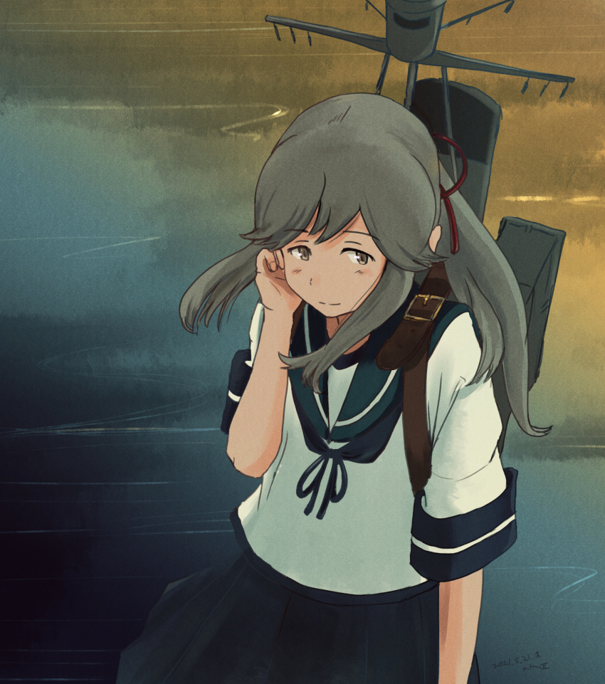 absurdres belt blue_sailor_collar blue_skirt brown_eyes closed_mouth clouds cloudy_sky dated eyebrows_visible_through_hair grey_hair hair_ribbon hand_on_own_cheek hand_on_own_face highres kantai_collection kuragare long_hair looking_at_viewer machinery ocean pleated_skirt ponytail red_ribbon ribbon rigging sailor_collar school_uniform serafuku short_sleeves sidelocks skirt sky usugumo_(kancolle)