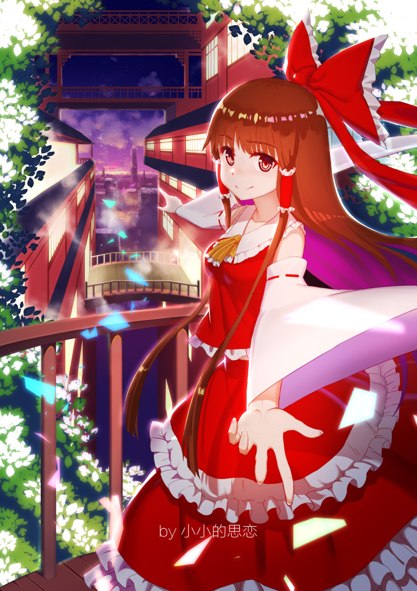1girl absurdres architecture artist_name bangs bare_shoulders bow brown_hair city closed_mouth east_asian_architecture hair_bow hakurei_reimu highres index_finger_raised japanese_clothes long_hair looking_at_viewer miko night night_sky outdoors petals pointing red_eyes sky smile solo touhou white_sleeves xiaoxiao_de_silian