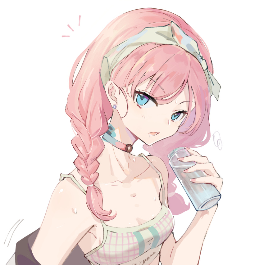 1girl arknights bangs blue_eyes blue_poison_(arknights) blue_poison_(shoal_beat)_(arknights) bottle braid breasts choker commentary_request highres holding holding_bottle long_hair looking_at_viewer notice_lines o-ring o-ring_choker parted_lips pink_hair pink_sports_bra shemika98425261 simple_background small_breasts solo sports_bra sweat twin_braids upper_body white_background