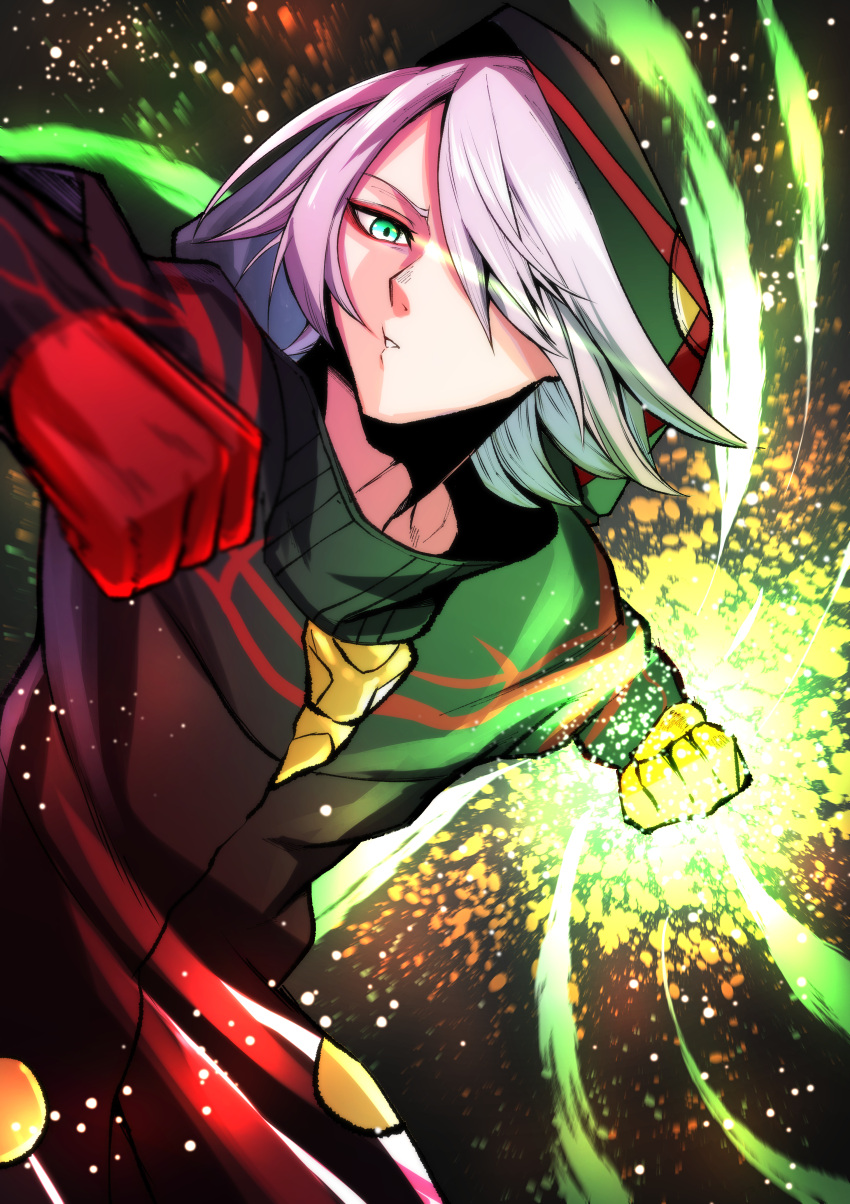 1boy absurdres bangs commentary_request fate/grand_order fate_(series) glglpanda gloves green_eyes hair_between_eyes hair_over_one_eye highres hood hoodie karna_(fate) karna_(santa)_(fate) looking_at_viewer punching short_hair silver_hair solo