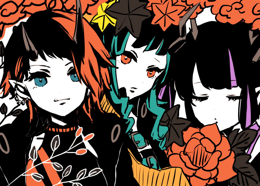 3girls bangs belt beltbra black_hair black_jacket blue_belt blue_eyes blue_hair chain chest_belt closed_eyes closed_mouth colored_skin commentary_request demon_girl demon_horns ear_chain ear_piercing expressionless fang flower high_contrast highres horns jacket kino_haruc kojo_anna leaf long_hair long_sleeves multicolored_hair multiple_girls open_clothes open_jacket piercing pointy_ears purple_hair red_eyes redhead ryugasaki_rene shishio_chris short_hair sugar_lyric twintails two-tone_hair upper_body virtual_youtuber white_background white_skin