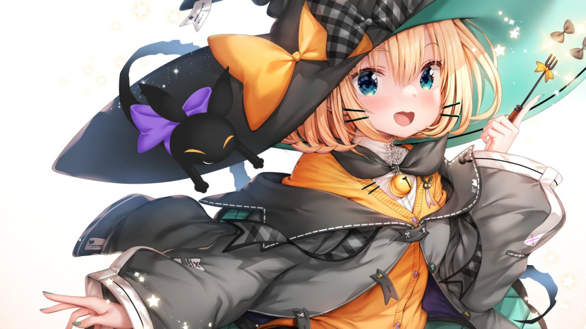 1girl :d bell black_bow black_cat black_jacket blonde_hair blue_eyes blush bow cardigan cat commentary eyebrows_visible_through_hair hair_between_eyes hair_ornament hairclip hat holding holding_wand jacket long_sleeves lucie_(millie_parfait) millie_parfait nijisanji nijisanji_en off_shoulder orange_bow orange_cardigan plaid plaid_bow purple_bow round_teeth shirt smile sparkle star_(symbol) teeth virtual_youtuber wand white_background white_shirt witch witch_hat zzz_(zzz00166403zzz)