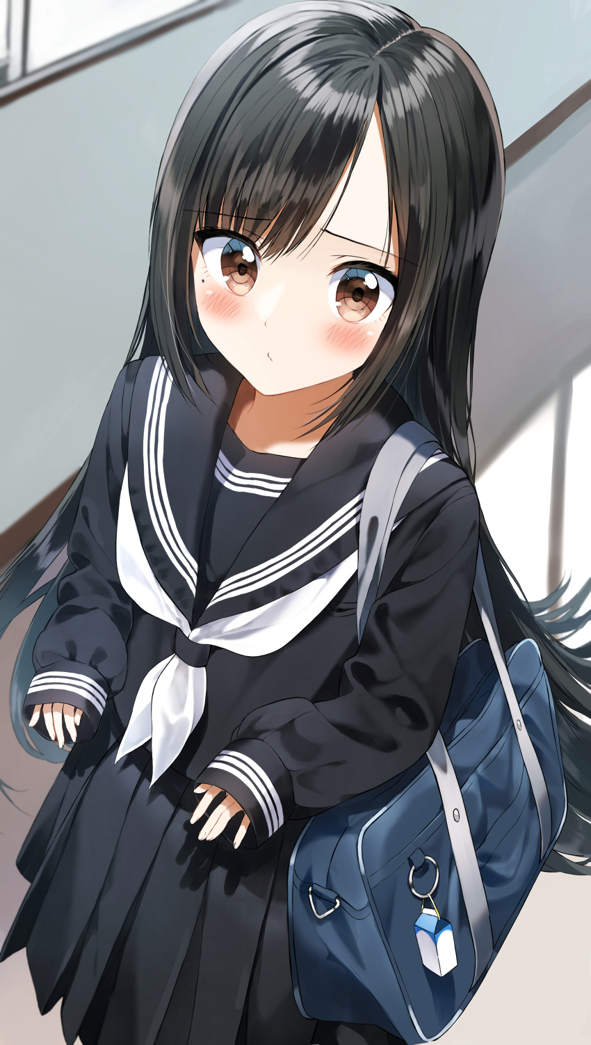 1girl absurdres asymmetrical_bangs bag bangs black_hair black_serafuku black_skirt blush brown_eyes commentary_request eyebrows_visible_through_hair highres indoors long_hair long_sleeves looking_at_viewer mole mole_under_eye original oversized_clothes pentagon_(railgun_ky1206) pleated_skirt pout school_uniform serafuku skirt sleeves_past_wrists solo very_long_hair